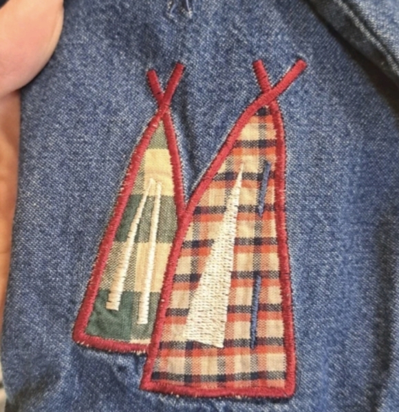 🛶Vintage Teddi Denim Jean Jacket Corduroy Trim Embroidered Canoe Camping Theme - Picture 12 of 12